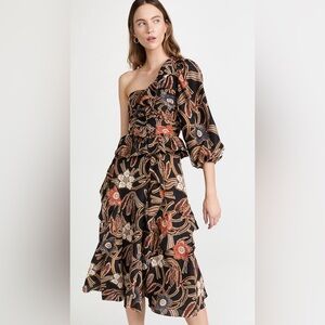 Ulla Johnson Midi Dress Silk Mariam Floral One-Shoulder Brown Onyx NWT